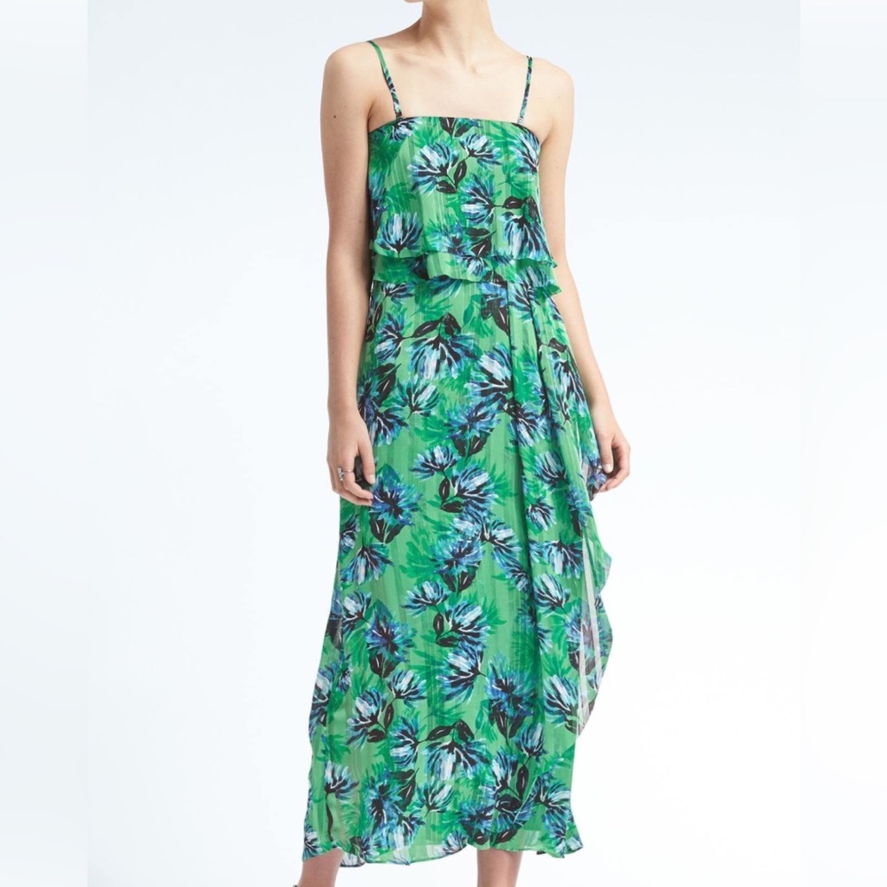Banana Republic Tropical Print Green Floral Maxi Dress size XS